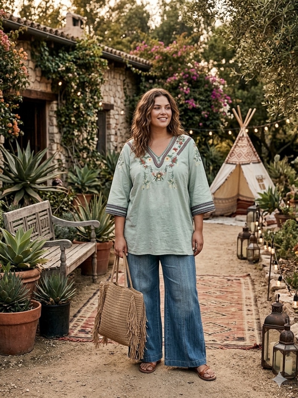 Embroidered V-Neck Tunic Top - Sage Green